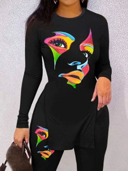 

Casual Crew Neck Face Print T-Shirt, Black, Tees