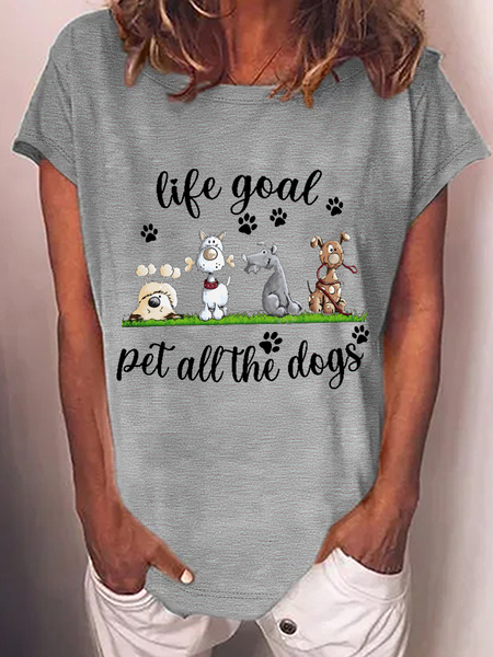 

Women's Funny Life Goal Pet All The Dogs Crew Neck Casual Loose T-Shirt, Gray, T-shirts
