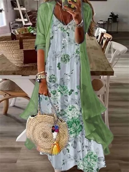 Loose V Neck Casual Floral Two-Piece Set, Green, Suit Set