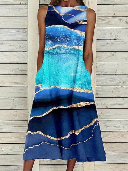 

Abstract Casual Crew Neck Loose Dress, Blue, Dresses