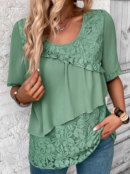 

Crew Neck Plain Lace Casual Shirt, Green, Shirts & Blouses