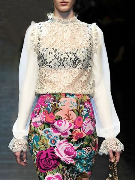 

Regular Fit Lace Elegant Lotus Leaf Collar Shirt, Off white, Blouses and Shirts