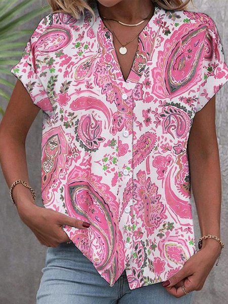 

Loose V Neck Casual Paisley Blouse, Pink, Shirts & Blouses