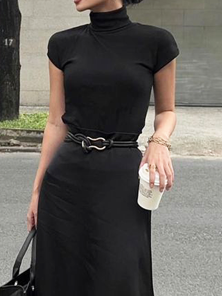 

Tight High Elasticity Turtleneck Short sleeve Simple Plain T-Shirt, Black, Tees
