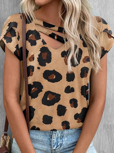 

V Neck Casual Loose Leopard T-Shirt, Brown, T-Shirts