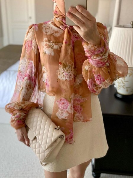 

Elegant Loose Stand Collar Bow Floral Print Blouse, As picture, Blouses and Shirts