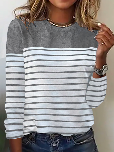 

Crew Neck Striped Casual T-Shirt, Gray, T-Shirts