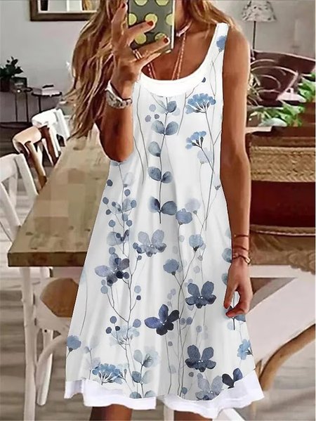 

Crew Neck Casual Loose Floral Dress, White, Dresses
