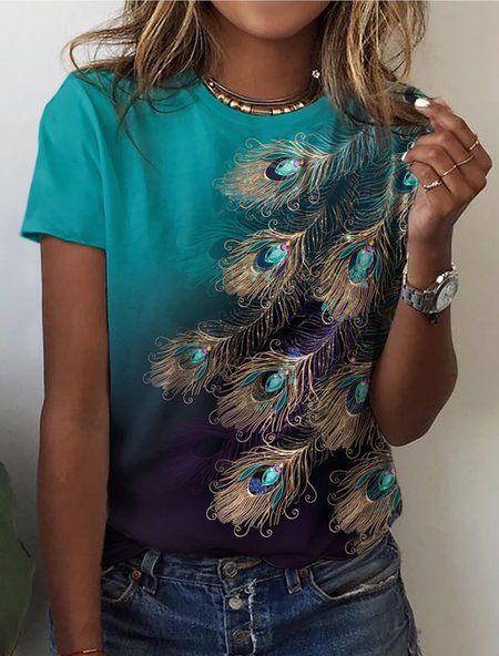 

Loose Feather Pattern Casual T-Shirt, Green, T-Shirts