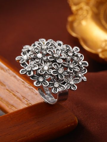

Vintage Floral Pattern Metal Distressed Open Ring Ethnic Style Women's Jewelry, As picture, Rings
