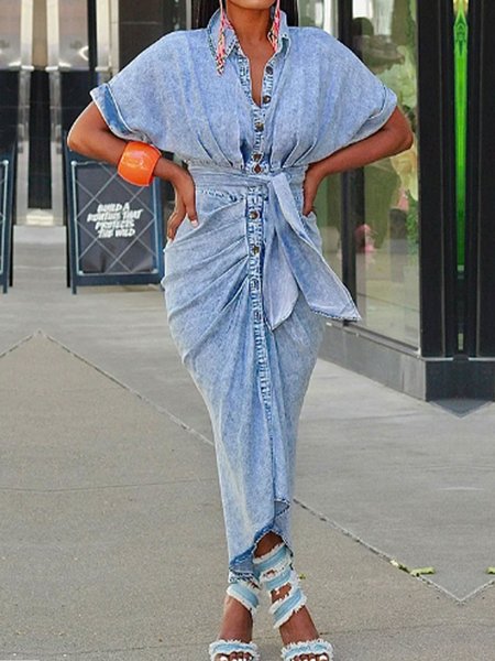 

Shirt Collar Plain Urban Ruched Denim Dress With Belt, Blue, Maxi Dresses