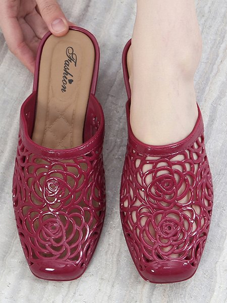 

Waterproof PVC Hollow Flower Chunky Heel Mules, Wine red, Slippers