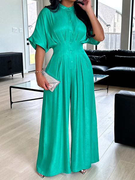 

Urban Loose Stand Collar Short sleeve Jumpsuit, Green, Jumpsuits