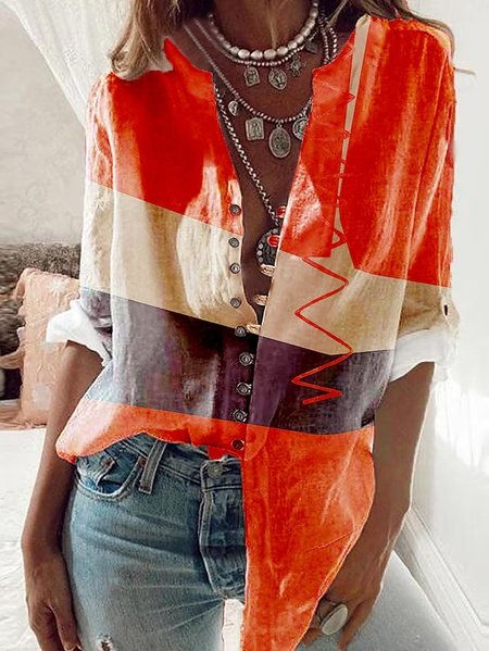 

V Neck Color Block Loose Casual Blouse, Red, Shirts & Blouses