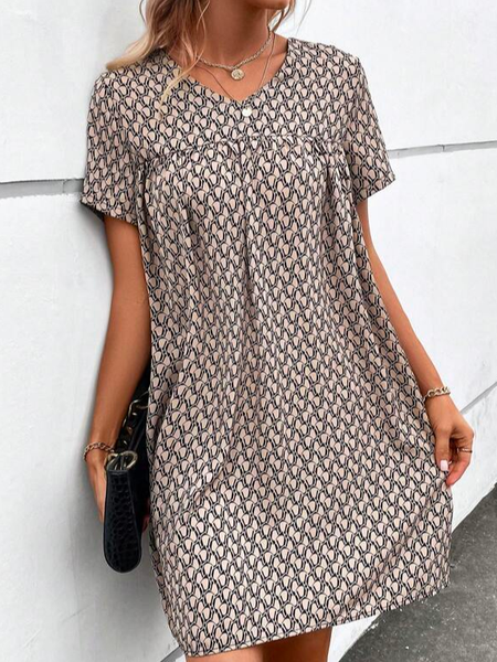 

Geometric Elegant Cotton V Neck Allover Print V Neck Smock Dress, Brown, Dresses