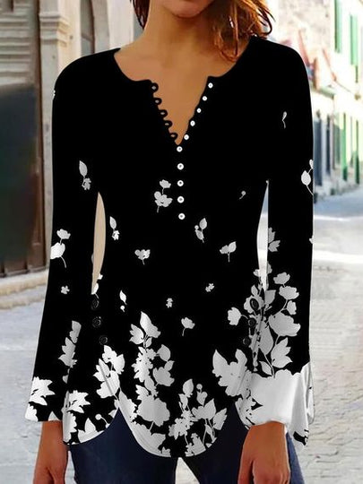 

Floral V Neck Casual Flare Sleeve Shirt, Black, Shirts & Blouses