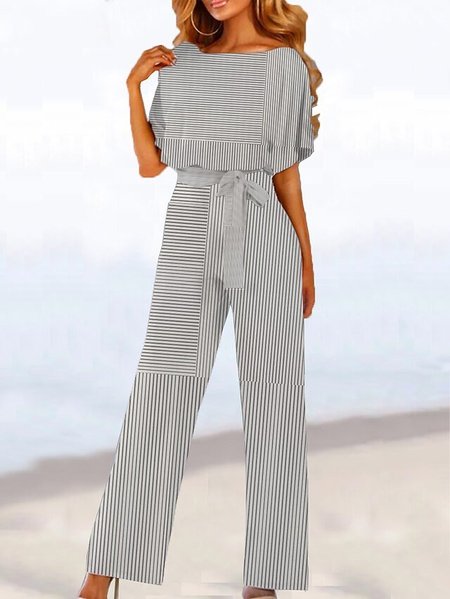 

Crew Neck Casual Striped Loose Jumpsuit, Stripe, Jumpsuits＆Rompers
