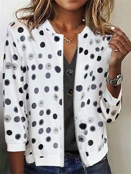 

Polka Dots Casual V Neck Loose Jacket, White, Jackets