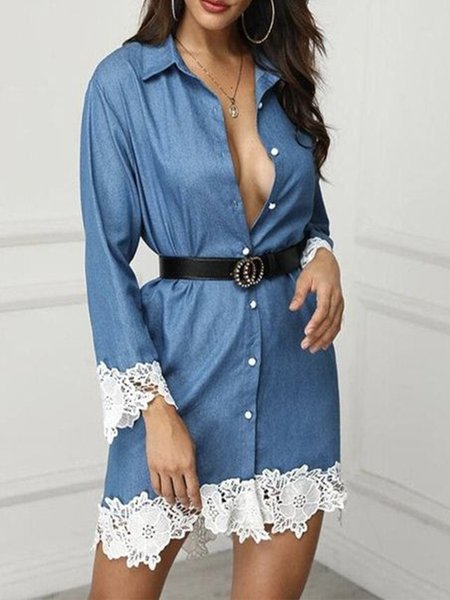 

Long sleeve Casual Color Block Faux denim Dress, Blue, Mini Dresses