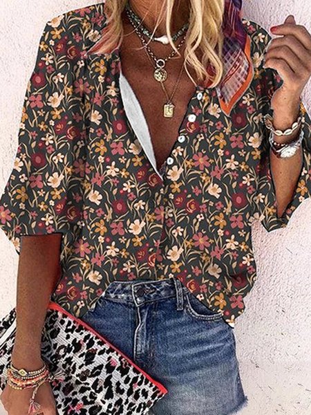 

Loose Floral Crew Neck Casual Blouse, Deep gray, Shirts & Blouses