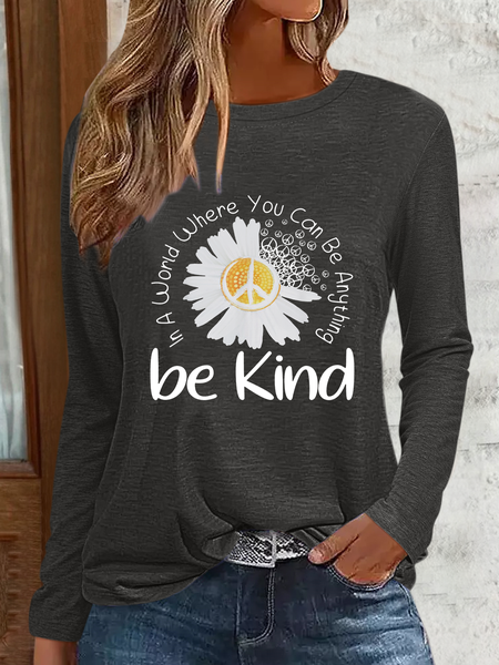 

Women'S Daisy Be Kind Text Letters Simple Shirt, Deep gray, Long sleeves