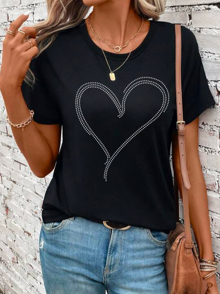 

Cotton Casual Crew Neck Heart Print T-Shirt, Black, T-Shirts