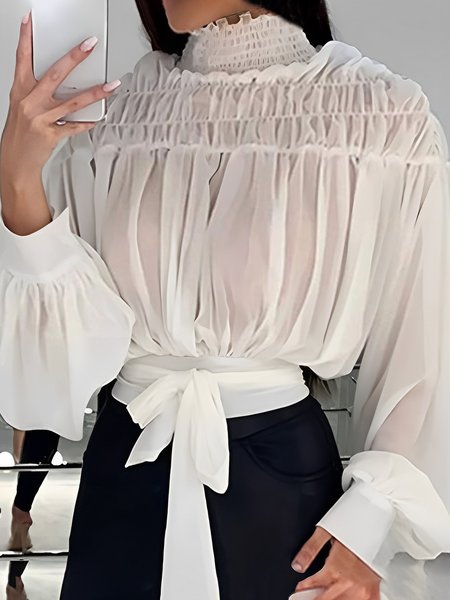 

Long sleeve Loose Elegant Turtleneck Plain Shirt, White, Blouses and Shirts