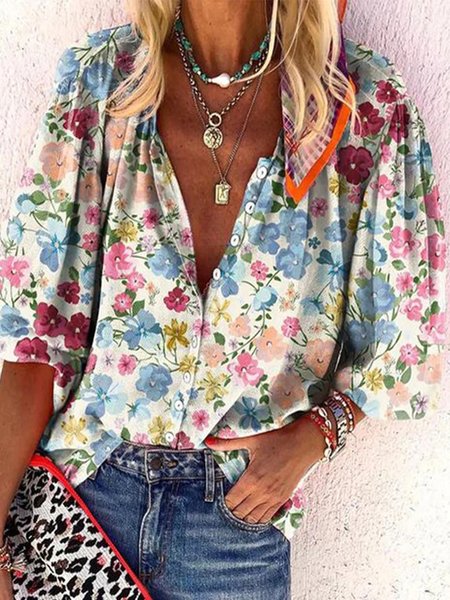 

Casual V Neck Floral Loose Shirt, Blue, Shirts & Blouses