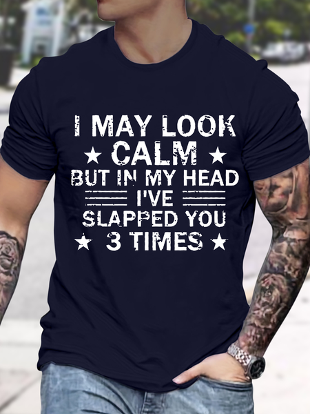 

Men's Funny I May Look Calm But In My Head I Have Slapped You 3 Tomes Graphic Printing Loose Casual Text Letters Crew Neck T-Shirt, Purplish blue, T-shirts