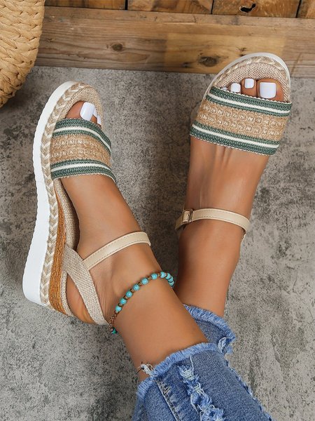 

Vacation Embroidered Woven Linen Espadrille Wedge Sandals, Green, Sandals