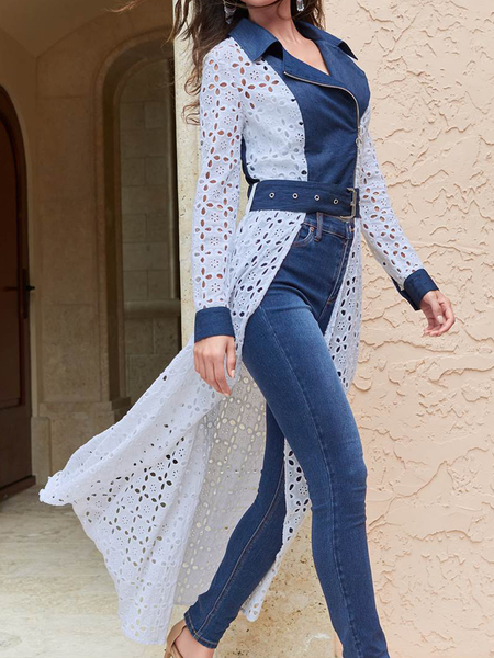 

Urban Lapel Collar Long sleeve Loose Color Block Mid-long Kimono, White, Jackets