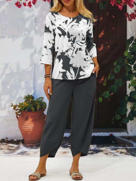 

Casual Leaf Asymmetrical Collar Two-Piece Set, Black, Suit Set