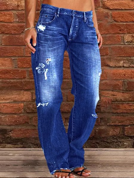 

Loose Plain Casual Denim Jeans, Deep blue, Pants