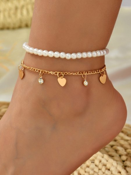 

Vacation Metal Heart Diamond Pearl Layered Anklet Boho Women's Jewelry, As picture, Anklets