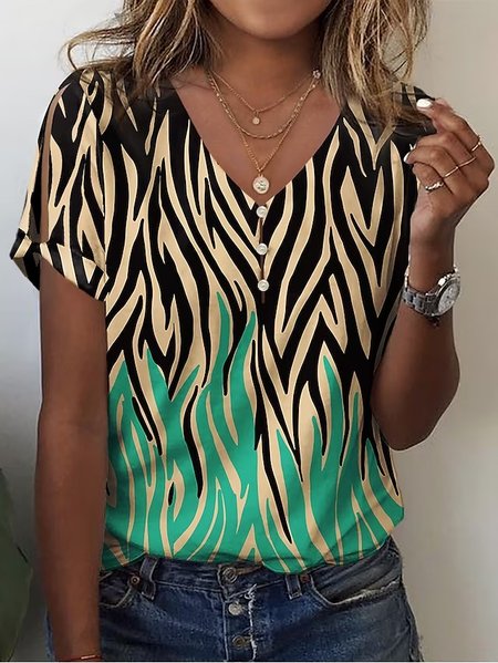 

V Neck Loose Geometric Casual T-Shirt, Green, T-Shirts