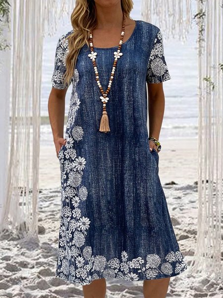 

Floral Casual Crew Neck Dress, Dark blue, Dresses