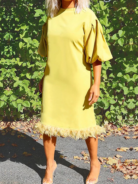 

Loose Elegant Plain Crew Neck Short sleeve Midi Dress, Yellow, Midi Dresses