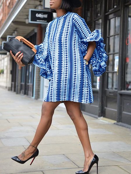 

Urban Crew Neck Loose Geometric Dress, Blue, Mini Dresses