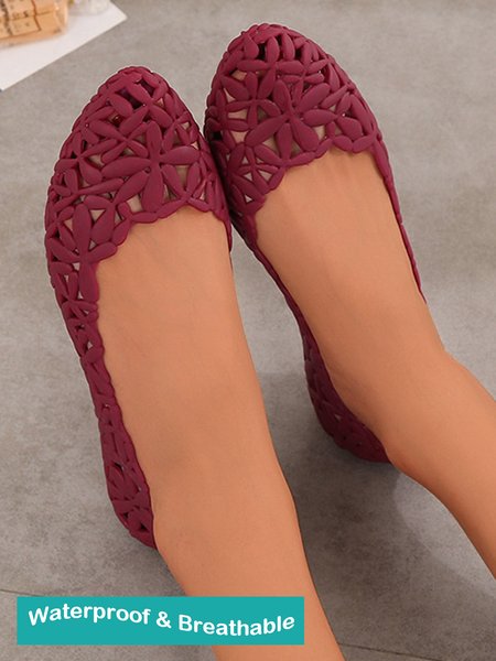

Waterproof PVC Hollow Breathable Floral Slip-on Soft Flat Shoes, Red, Flats