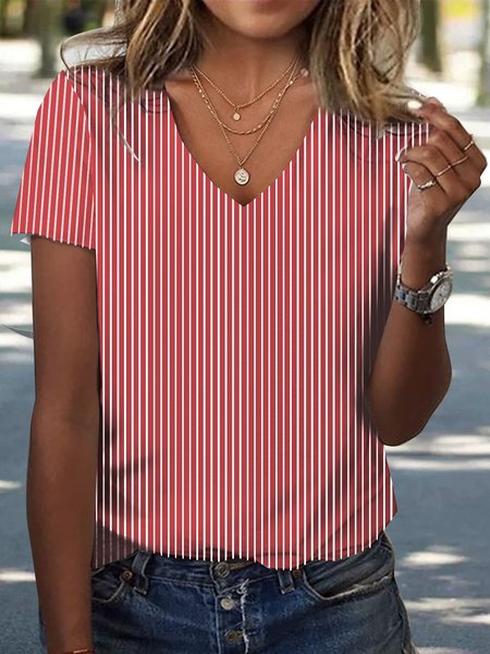 

Striped Casual Loose V Neck T-Shirt, Red, Tees & T-shirts