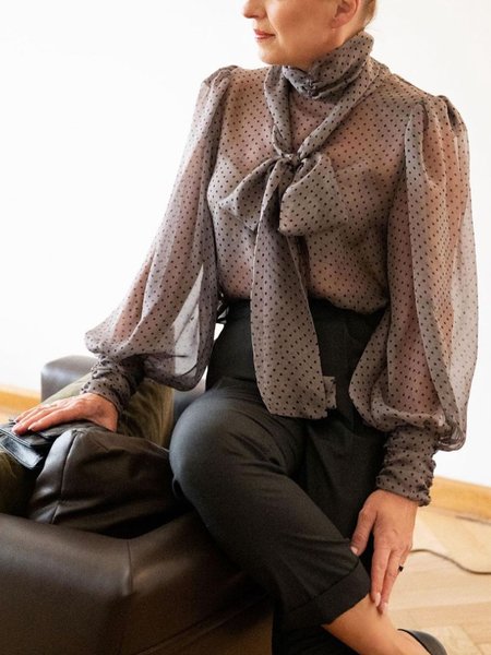 

Polka Dots Lantern Sleeve Elegant Loose Blouse, Black, Blouses and Shirts