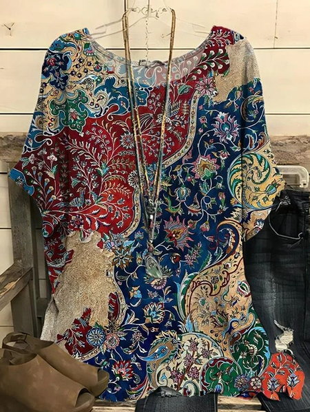 

Crew Neck Casual Loose Ethnic Blouse, Blue, Shirts & Blouses