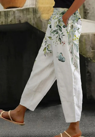 

Casual Floral Loose Pants, White, Pants
