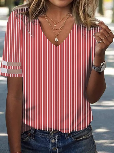 

Striped Loose V Neck Casual Shirt, Red, Blouses