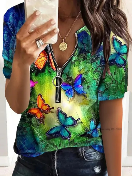 

Crew Neck Casual Loose Butterfly Shirt, Green, Shirts & Blouses