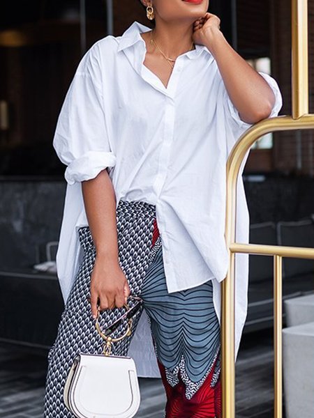

Urban Plain Shirt Collar Loose Blouse, White, Blouses and Shirts