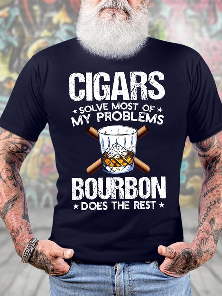 

Men's Funny Cigars Solve Most Of My Problems Bourbon Does The Rest Graphic Printing Crew Neck Cotton Casual T-Shirt, Purplish blue, T-shirts