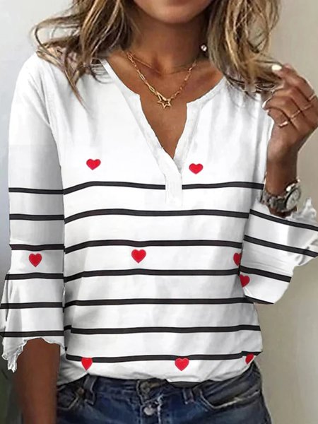 

Striped Casual V Neck Loose Shirt, White, Shirts & Blouses