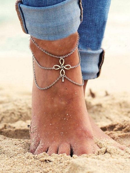 

Holiday Ethnic Pattern Chain Layered Anklet Boho Seaside Beach Women's Jewelry, Silver, Anklets