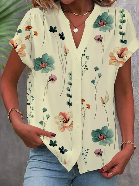 

Plus size Floral Casual Notched Blouse, Beige, Shirts & Blouses